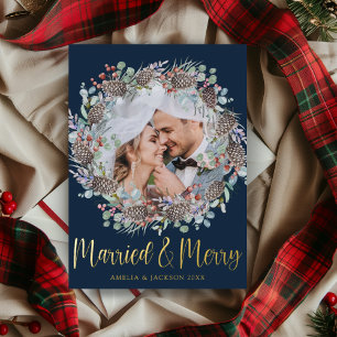 Luxury Gold Married & Merry Christmas Wreath Foil Holiday Card