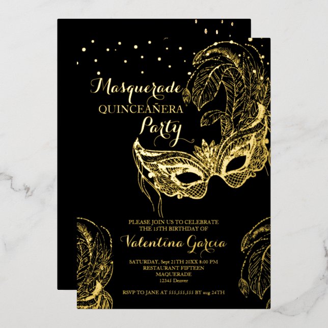 Luxury Gold Masquerade Quinceañera Invite (Front/Back)