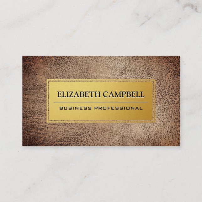 Luxury Gold Metal Plate | Brown Leather Business Card (Front)