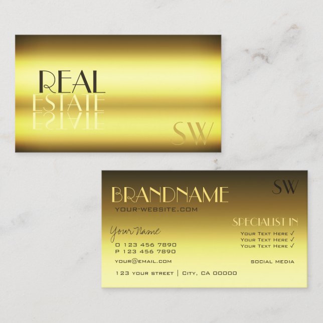 Luxury Gold Modern Mirror Letters with Monogram Business Card (Front/Back)