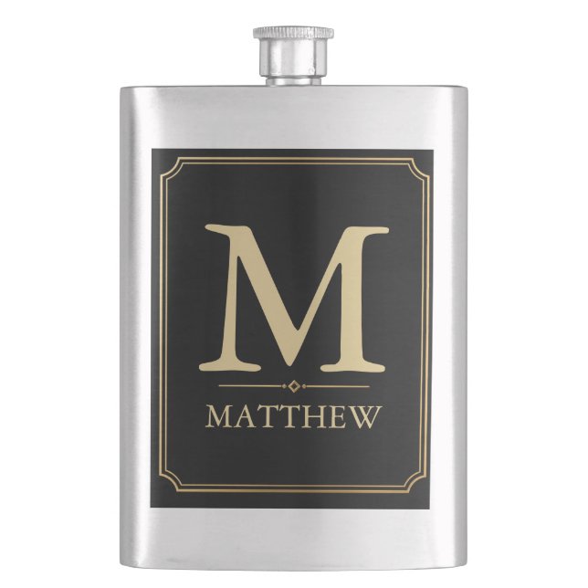 Luxury Gold Monogram Black Hip Flask (Front)