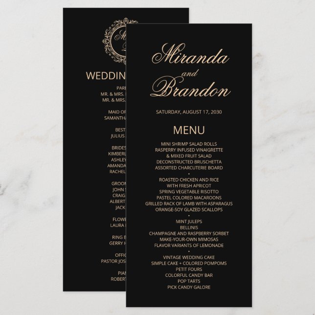 Luxury Gold Monogram Black Wedding Menu Card (Front/Back)