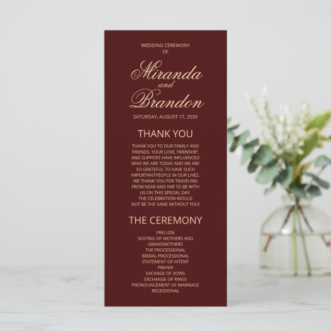 Luxury Gold Monogram Burgundy Wedding Program Card (Standing Front)