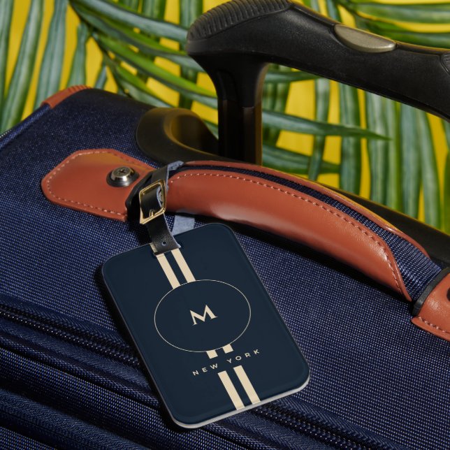 Luxury Gold Monogram Initial Midnight Navy Luggage Tag (Front Insitu 1)