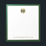 Luxury Gold Monogram Initial Name Notepad<br><div class="desc">Elevate your stationery game with this monogrammed notepad featuring classic block typography and an emerald green textured print frame with a brushed gold medallion monogram. The notepad includes space for custom text, such as your name or other text, making it perfect for personal or professional use. Use it to jot...</div>