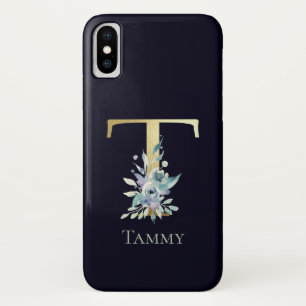Luxury Gold Monogram Letter T Floral Blue Name iPhone X Case