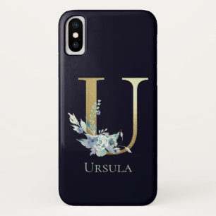 Luxury Gold Monogram Letter U Floral Blue Name iPhone X Case