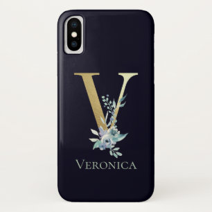 Luxury Gold Monogram Letter V Floral Blue Name iPhone X Case