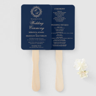 Luxury Gold Monogram Navy Blue Wedding Program Hand Fan