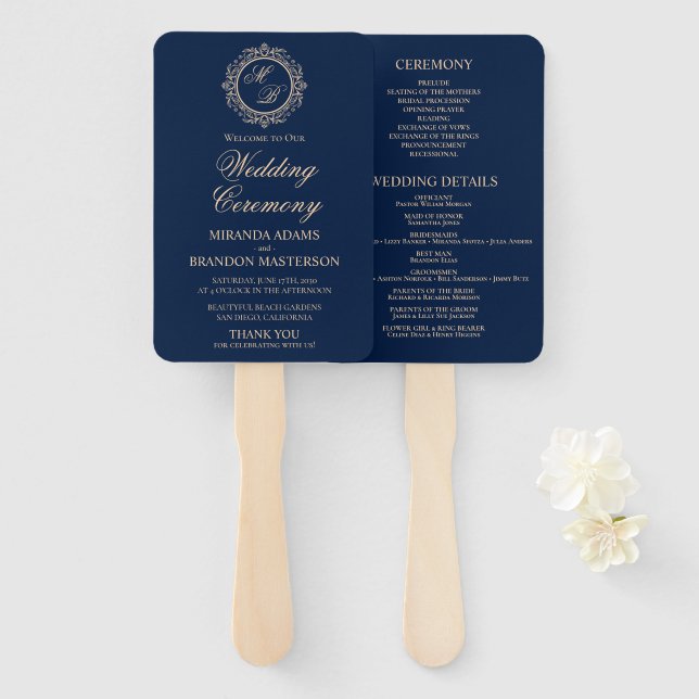 Luxury Gold Monogram Navy Blue Wedding Program Hand Fan (Front and Back)
