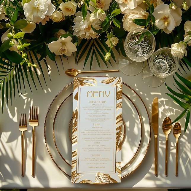Luxury Gold Monstera Tropical Wedding Menu (Stylish Gold Monstera Leaf Wedding Menu )