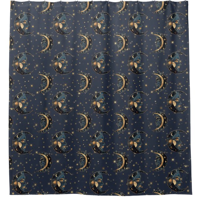 Luxury Gold Moon Celestial Pattern Shower Curtain (Front)