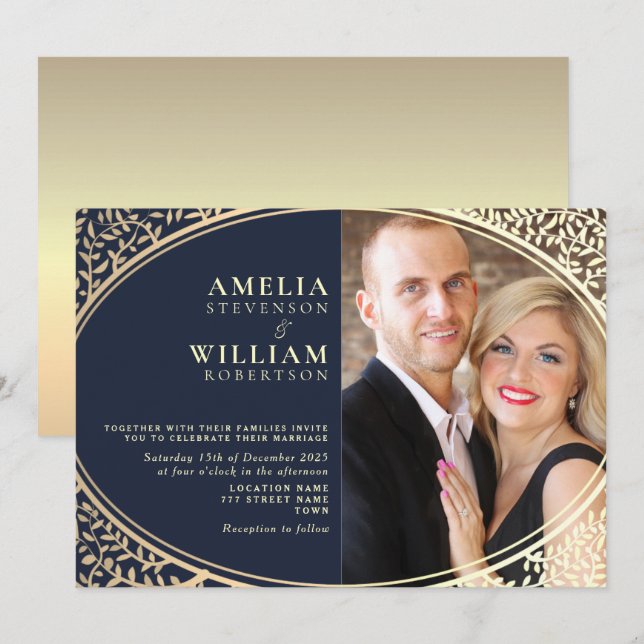 Luxury Gold Navy Blue Floral Photo Wedding Invite (Front/Back)