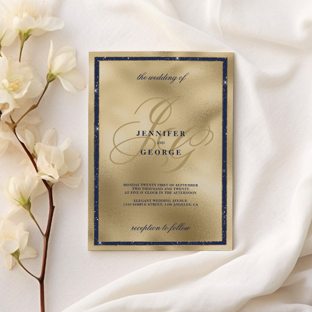 Luxury gold navy blue monogram initials Wedding Invitation (Luxury gold navy blue monogram initials wedding)