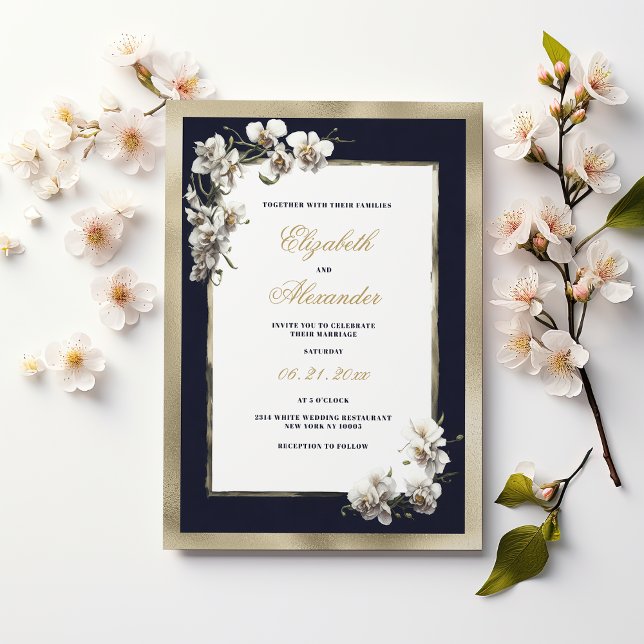 Luxury gold navy blue white orchid flower wedding  invitation (Luxury gold navy blue white orchid flower wedding )
