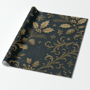 Luxury Gold & Navy Gilded Botanical Christmas Wrapping Paper