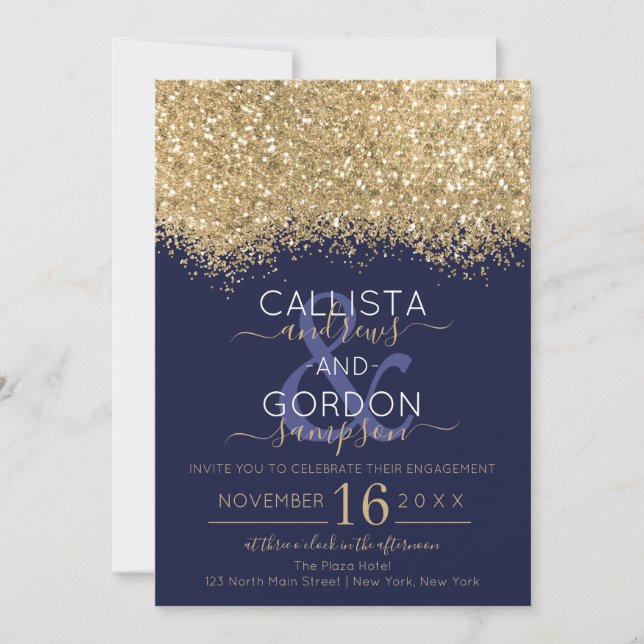 Luxury Gold Navy Glitter Confetti Engagement Invitation (Front)