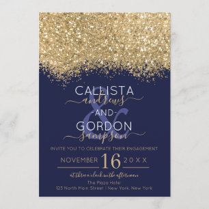 Luxury Gold Navy Glitter Confetti Engagement Invitation
