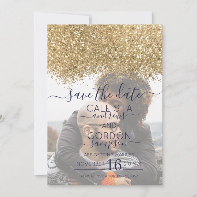 Luxury Gold Navy Glitter Confetti Photo Wedding Save The Date (Front)