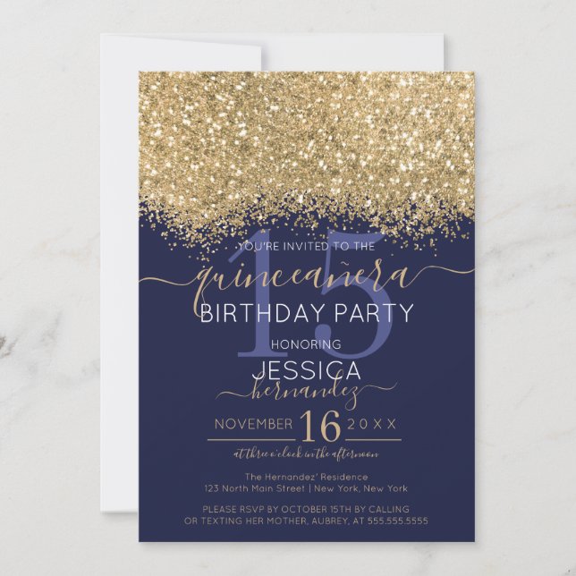 Luxury Gold Navy Glitter Confetti Quinceañera Invitation (Front)