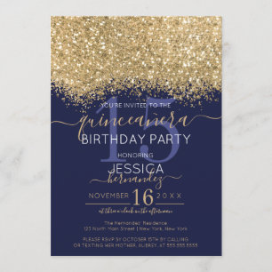 Luxury Gold Navy Glitter Confetti Quinceañera Invitation