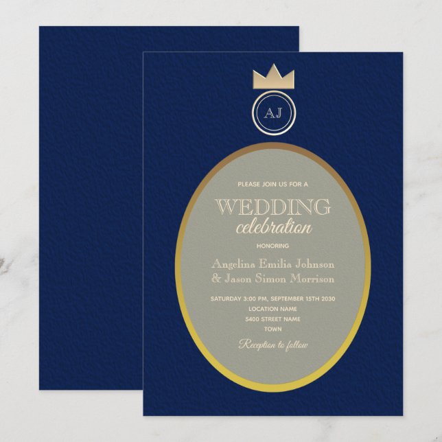 Luxury Gold Navy Monogram Wedding  Invitation (Front/Back)