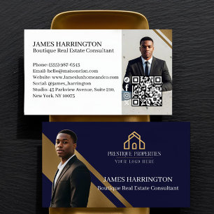 Luxury Gold & Navy Real Estate Agent Photo Logo Business Card