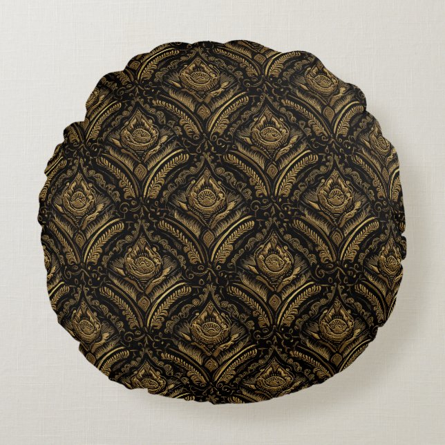 Luxury Gold Ornamental Damask Pattern Round Cushion (Front)