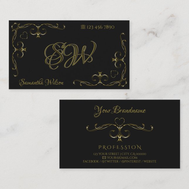 Luxury Gold Ornate Corner Borders Initials Black Business Card (Front/Back)