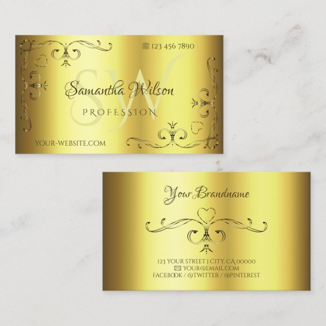 Luxury Gold Ornate Corner Borders Initials Elegant Business Card (Front/Back)