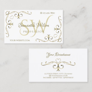 Luxury Gold Ornate Corners on Plain White Initials Business Card