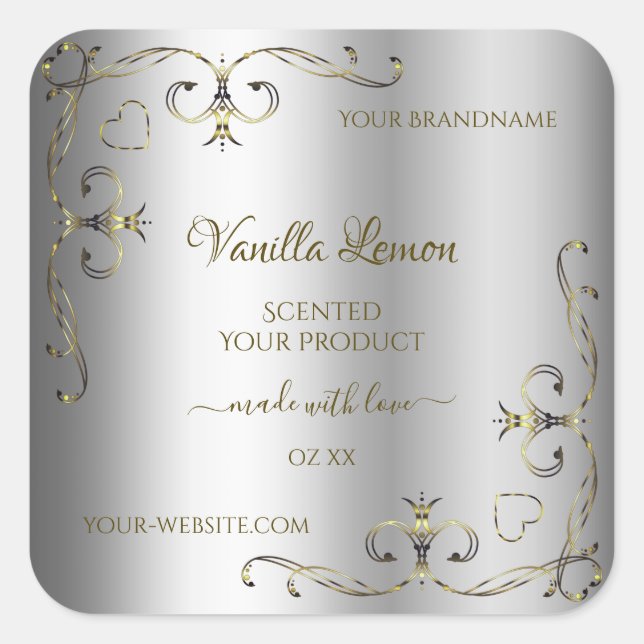 Luxury Gold Ornate Corners Silver Product Labels (Front)