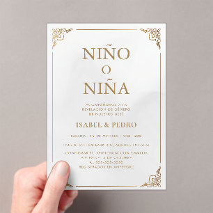  Luxury Gold Ornate Cream Spanish Gender Reveal Acrylic Invitations