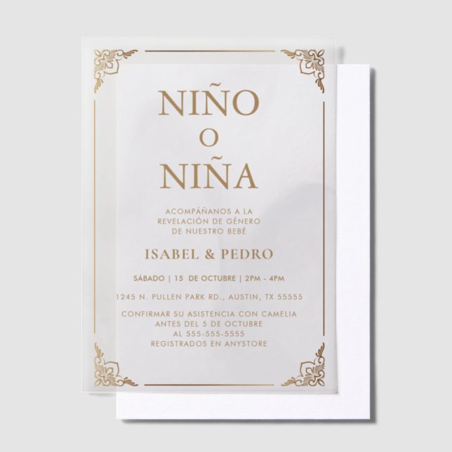  Luxury Gold Ornate Cream Spanish Gender Reveal Vellum Invitations (Offset)