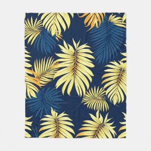 Luxury Gold Palm Leaf Pattern Navy Tropical Fleece Blanket