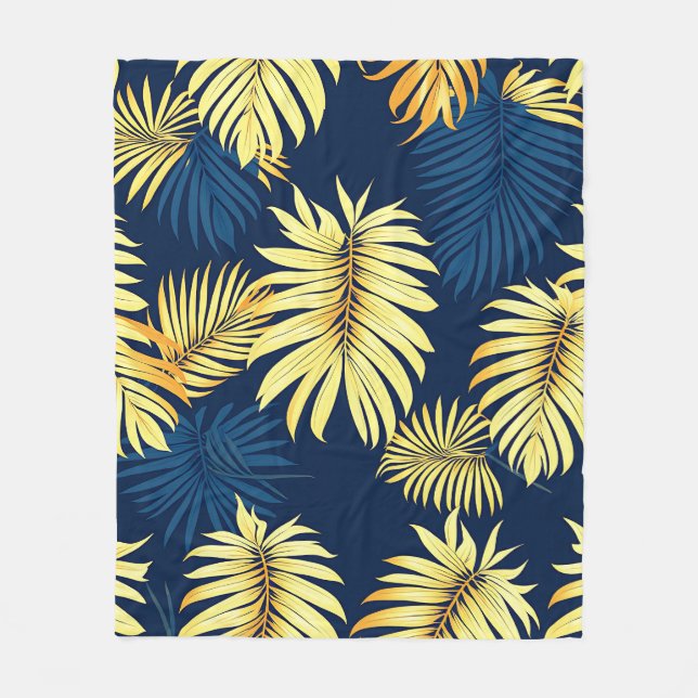 Luxury Gold Palm Leaf Pattern Navy Tropical  Fleece Blanket (Front)