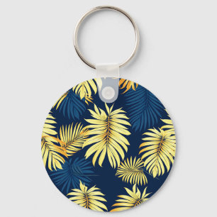 Luxury Gold Palm Leaf Pattern Navy Tropical Key Ring