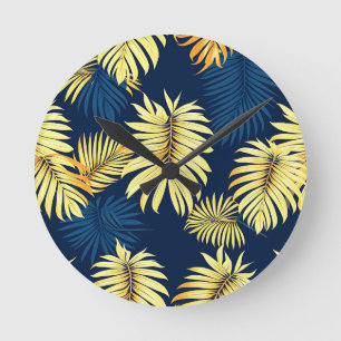 Luxury Gold Palm Leaf Pattern Navy Tropical Round Clock
