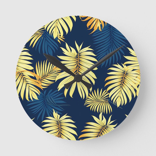 Luxury Gold Palm Leaf Pattern Navy Tropical  Round Clock (Front)