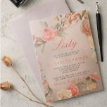 Luxury Gold Peach Coral Floral 60th Birthday Party Invitation<br><div class="desc">Classy elegant glam sixty birthday party invitation with a hand painted garden roses frame of blush pink, pale rusty red, peachy cream and beige tan flowers with foliage over a copper gold faux metallic shiny foil background. Easy to personalise with your details! Suitable for a spring, summer garden or autumn...</div>
