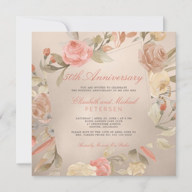 Luxury Gold Peach Coral Floral Wedding Anniversary Invitation (Front)