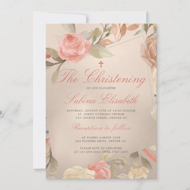 Luxury Gold Peach Cream Floral Christening Invitation (Front)