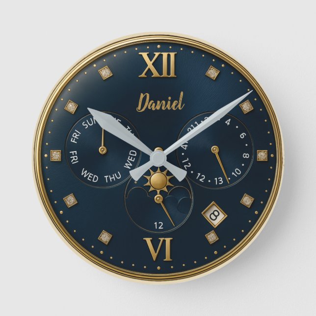Luxury Gold  Personalized with Name & Date Round Clock (Front)