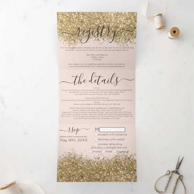 Luxury Gold Pink Glitter Registry Detail RSVP Tri-Fold Invitation (Inside)