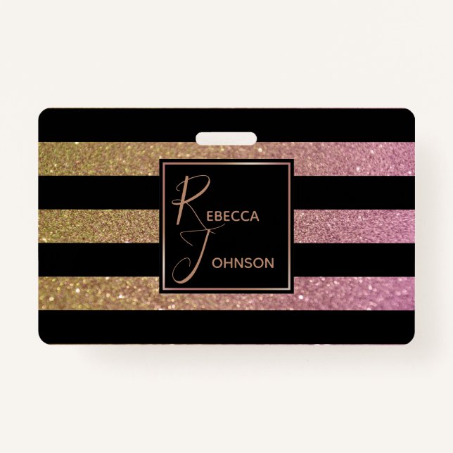Luxury Gold Pink Glitter Stripes - Badge ID Badge (Front)