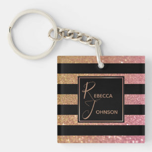 Luxury Gold Pink Glitter Stripes - Keychain