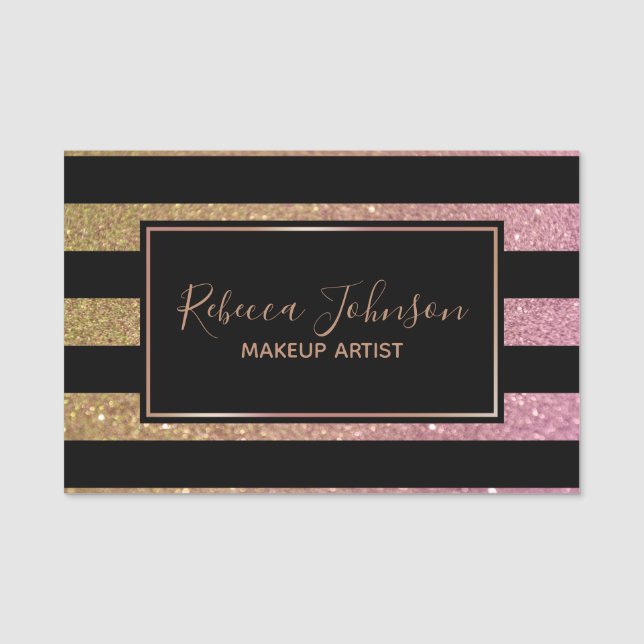 Luxury Gold Pink Glitter Stripes Name Tag (Front)