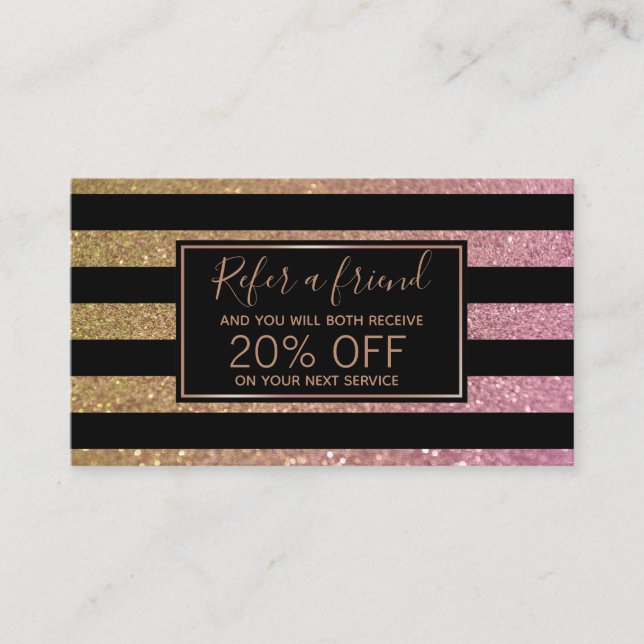 Luxury Gold Pink Glitter Stripes - Referral Card (Front)