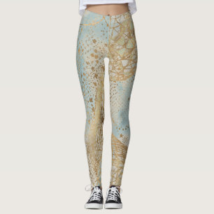 Luxury, Gold Pixels Lines Pattern Soft Blue Leggings