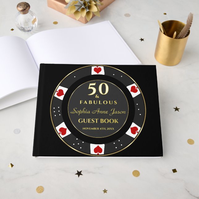 Luxury Gold Poker Chip Casino 50th Birthday Guest Book (Front Open)